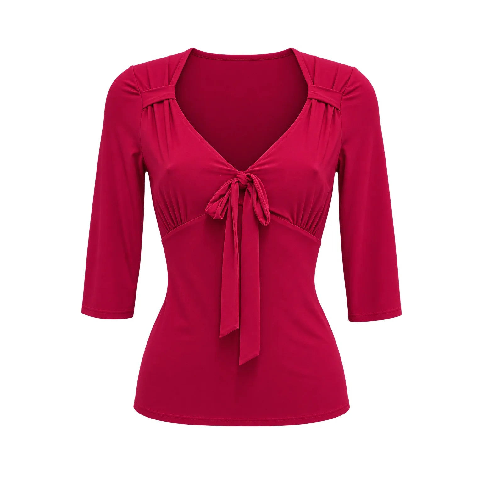Red Tie Front V-Neck Top – Vintage Style 3/4 Sleeve Blouse Top