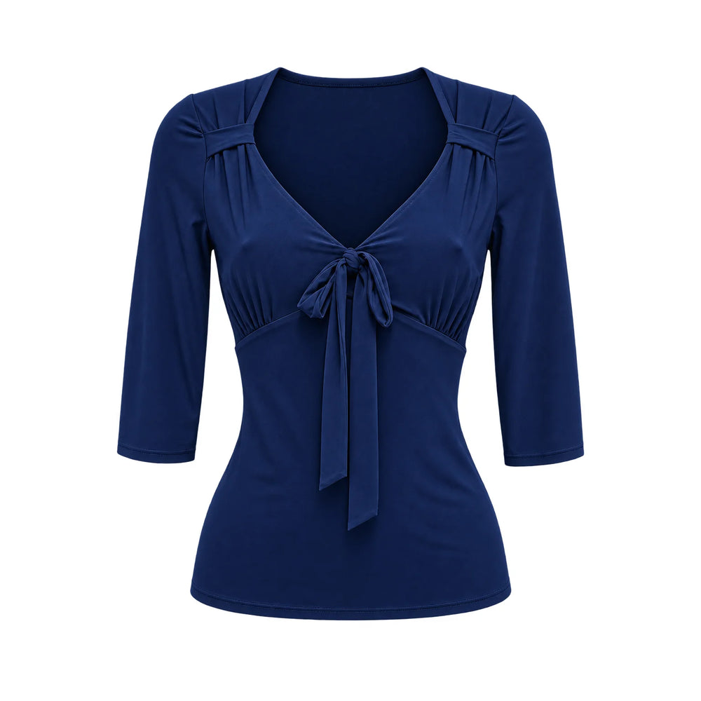 Navy Blue Front V-Neck Top – Vintage Style 3/4 Sleeve Blouse Top