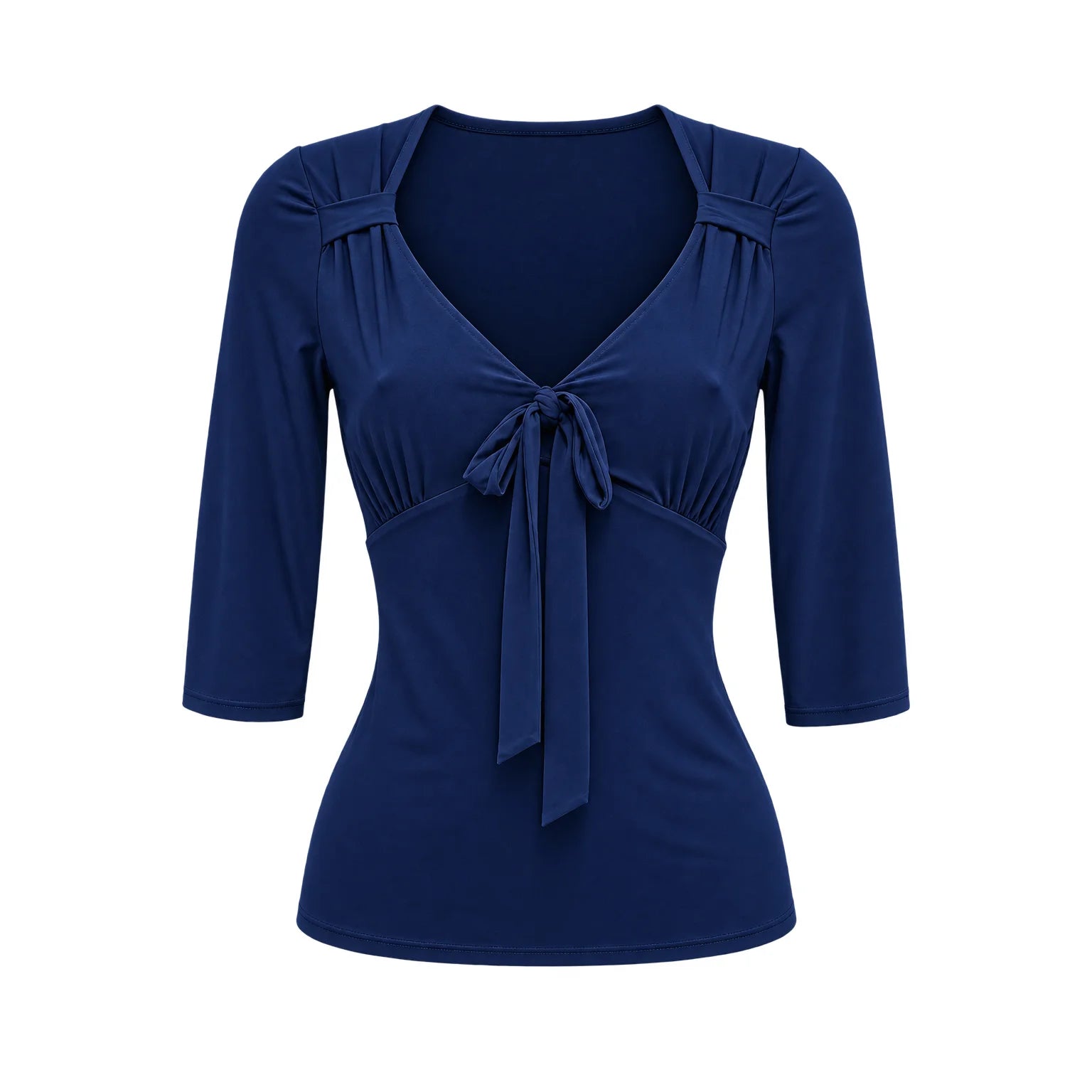 Navy Blue Front V-Neck Top – Vintage Style 3/4 Sleeve Blouse Top