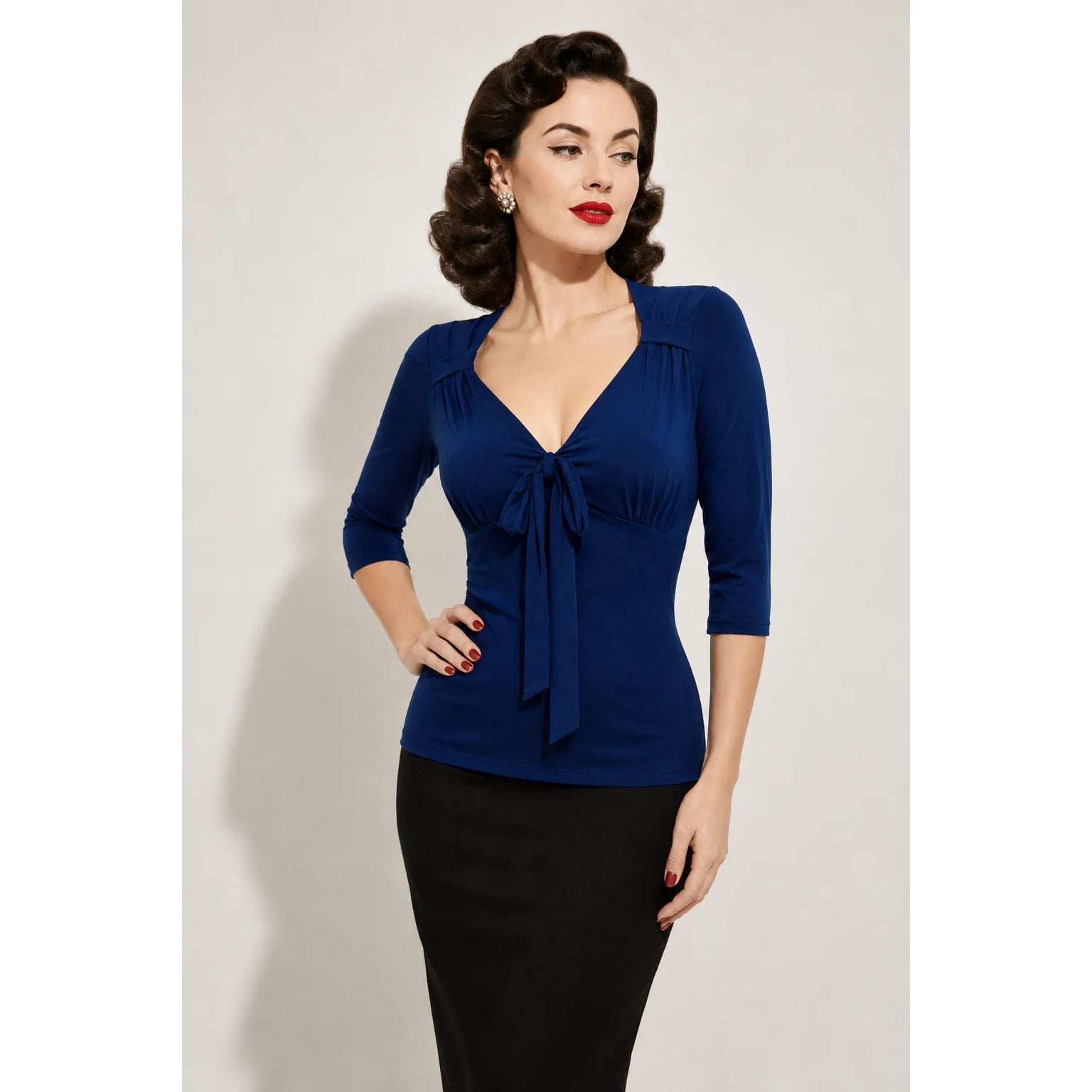 Navy Blue Front V-Neck Top – Vintage Style 3/4 Sleeve Blouse Top