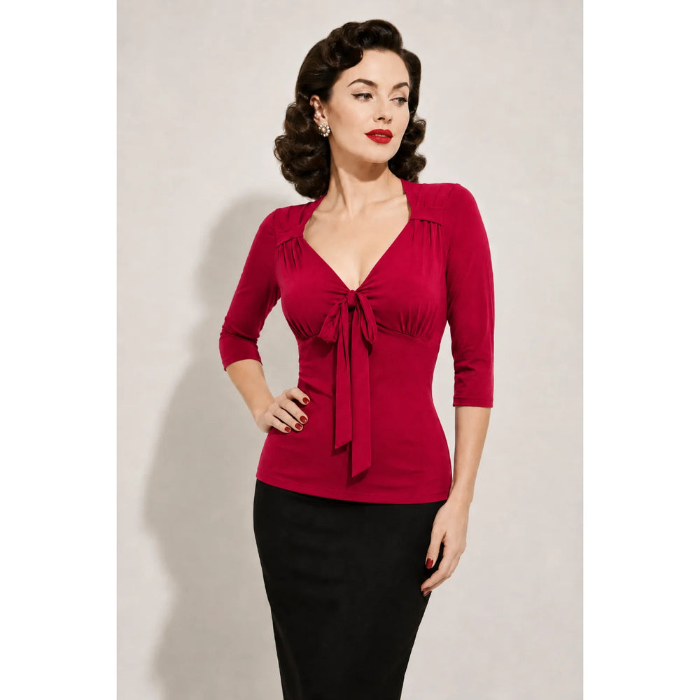 Red Tie Front V-Neck Top – Vintage Style 3/4 Sleeve Blouse Top