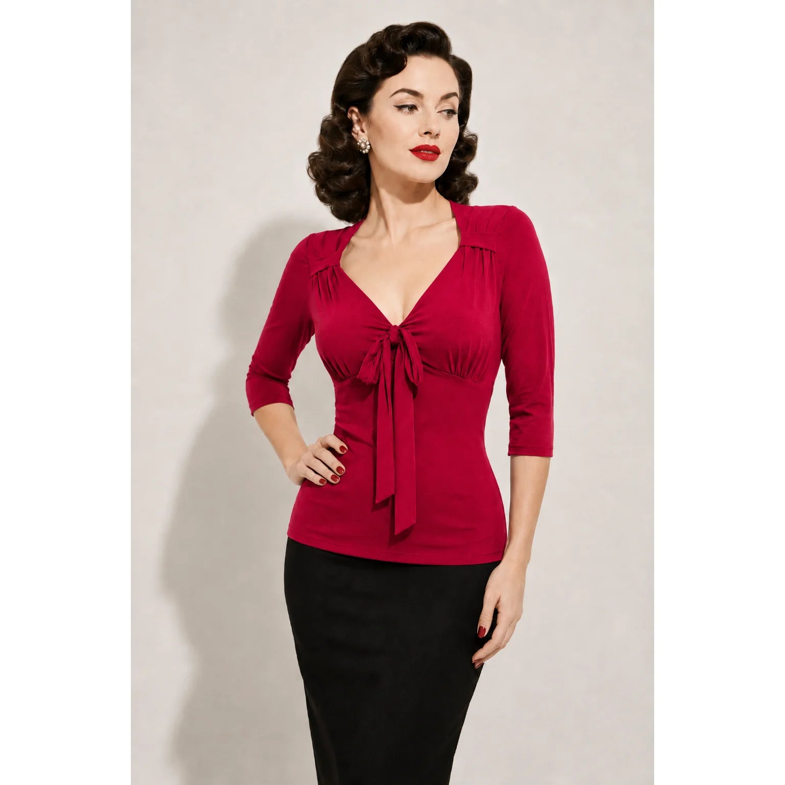 Red Tie Front V-Neck Top – Vintage Style 3/4 Sleeve Blouse Top