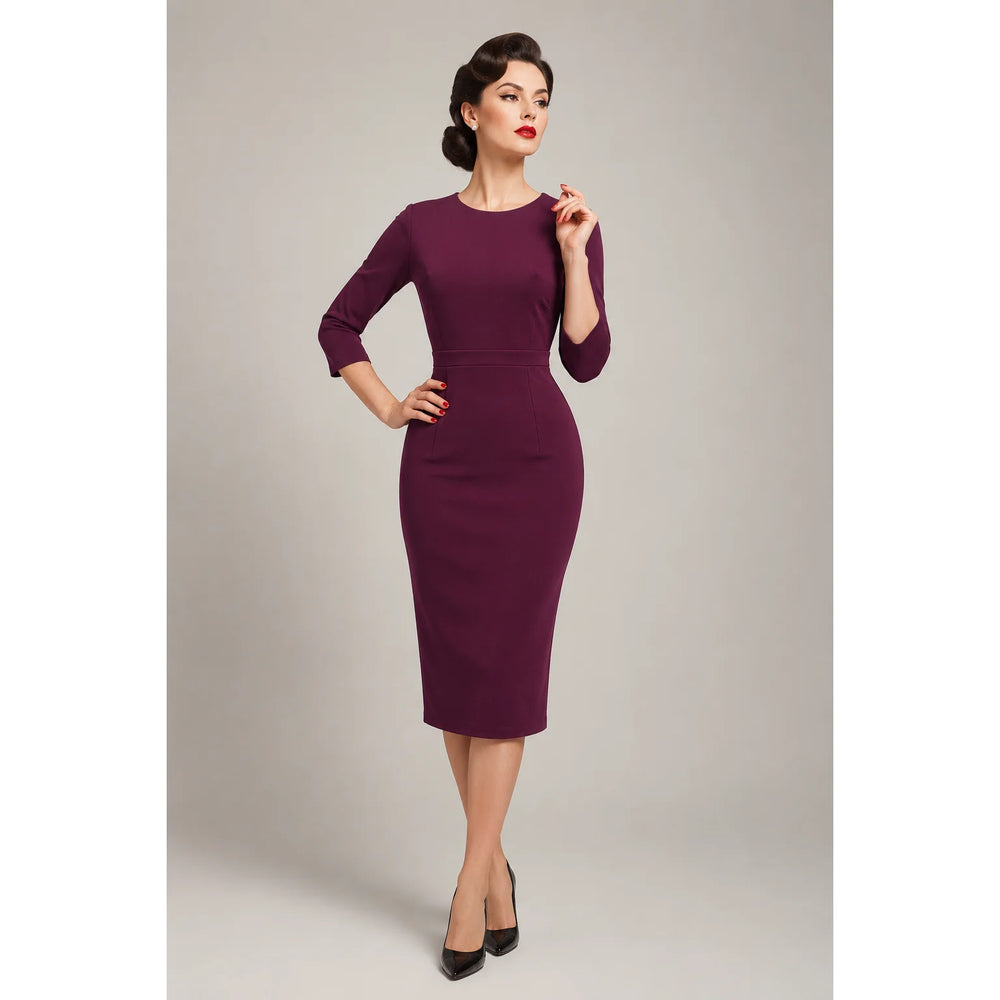 Purple Berry Vintage Style Pencil Dress – 3/4 Sleeve Midi Wiggle Dress