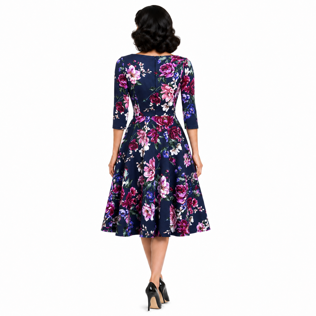 Navy Floral 1950s Fit & Flare Dress with 3/4 Sleeves