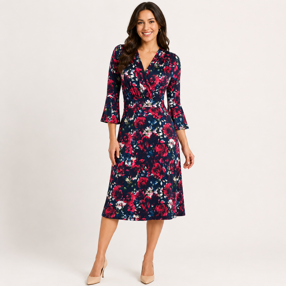 Navy Red Floral Wrap Midi Dress with 3/4 Peplum Sleeves