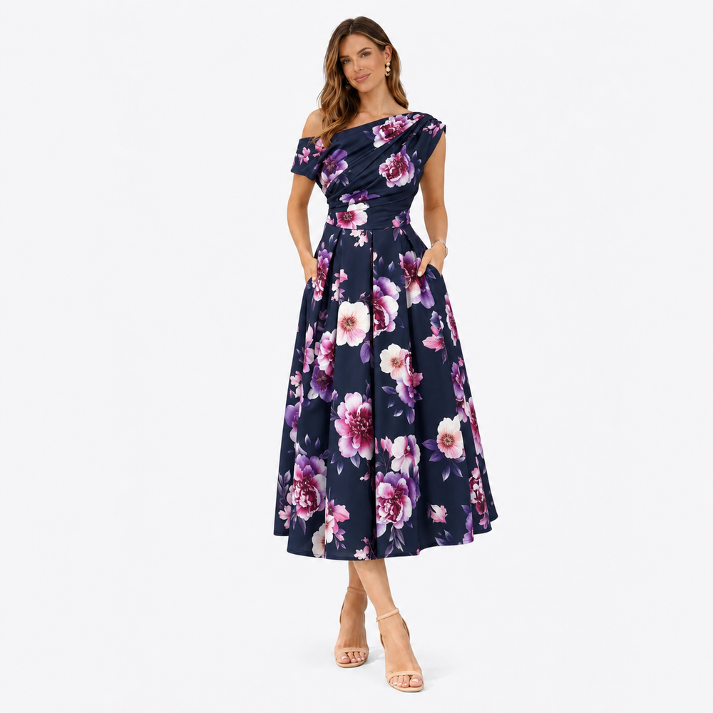 Navy Pink Floral Off Shoulder Midi Dress With Pockets