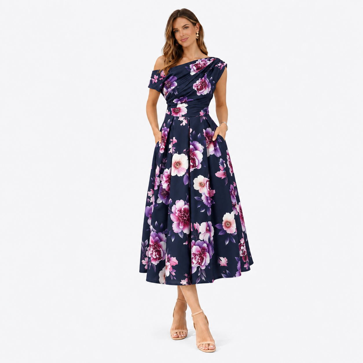 Navy Pink Floral Off Shoulder Midi Dress With Pockets