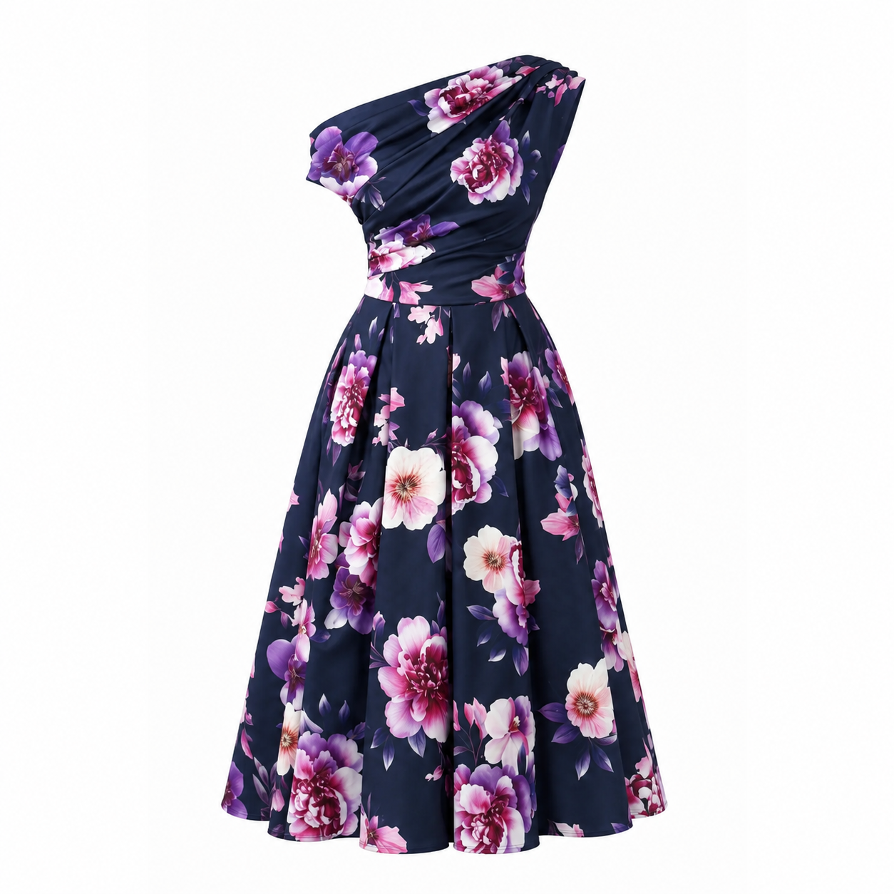 Navy Pink Floral Off Shoulder Midi Dress With Pockets