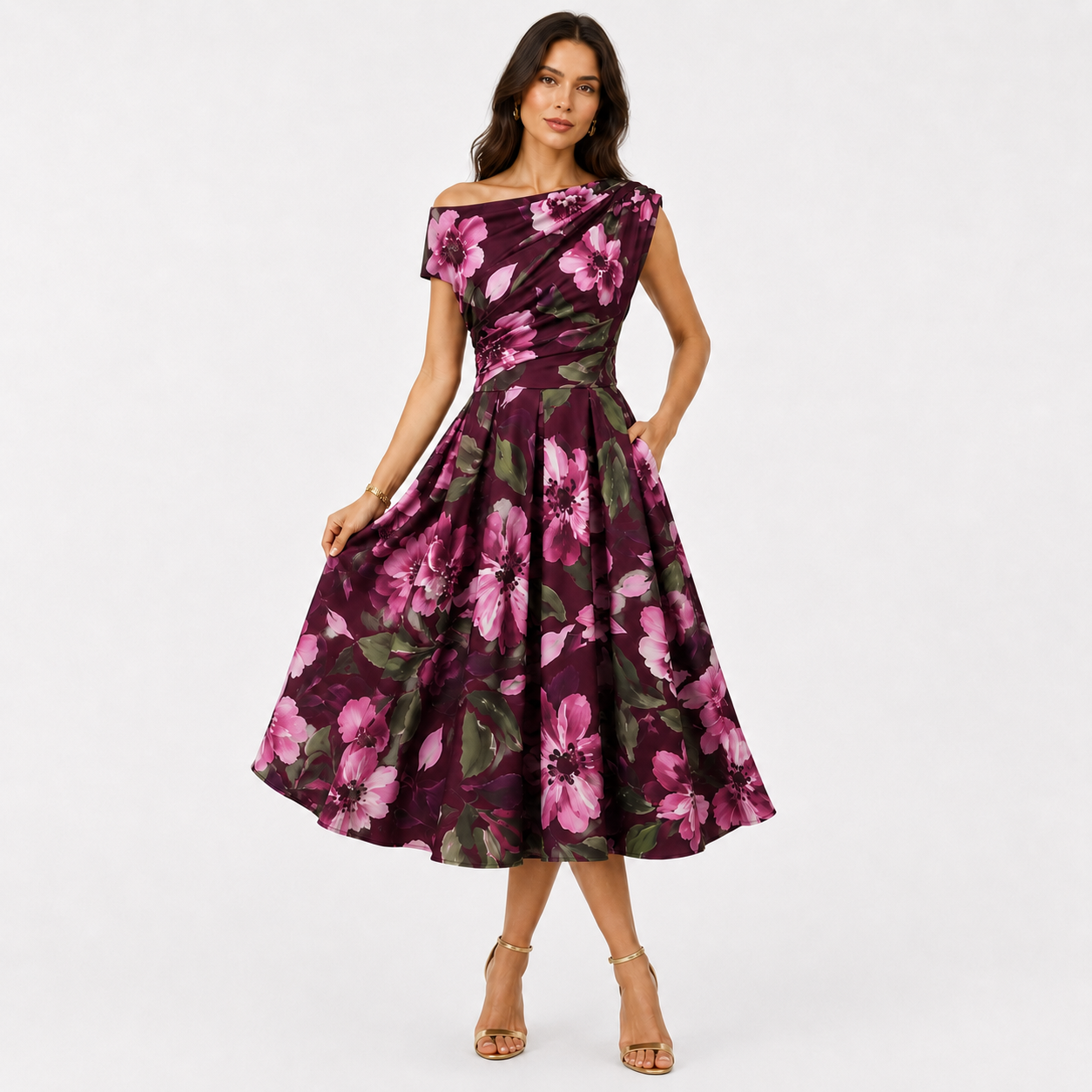 Berry Pink Floral Off Shoulder Midi Dress With Pockets