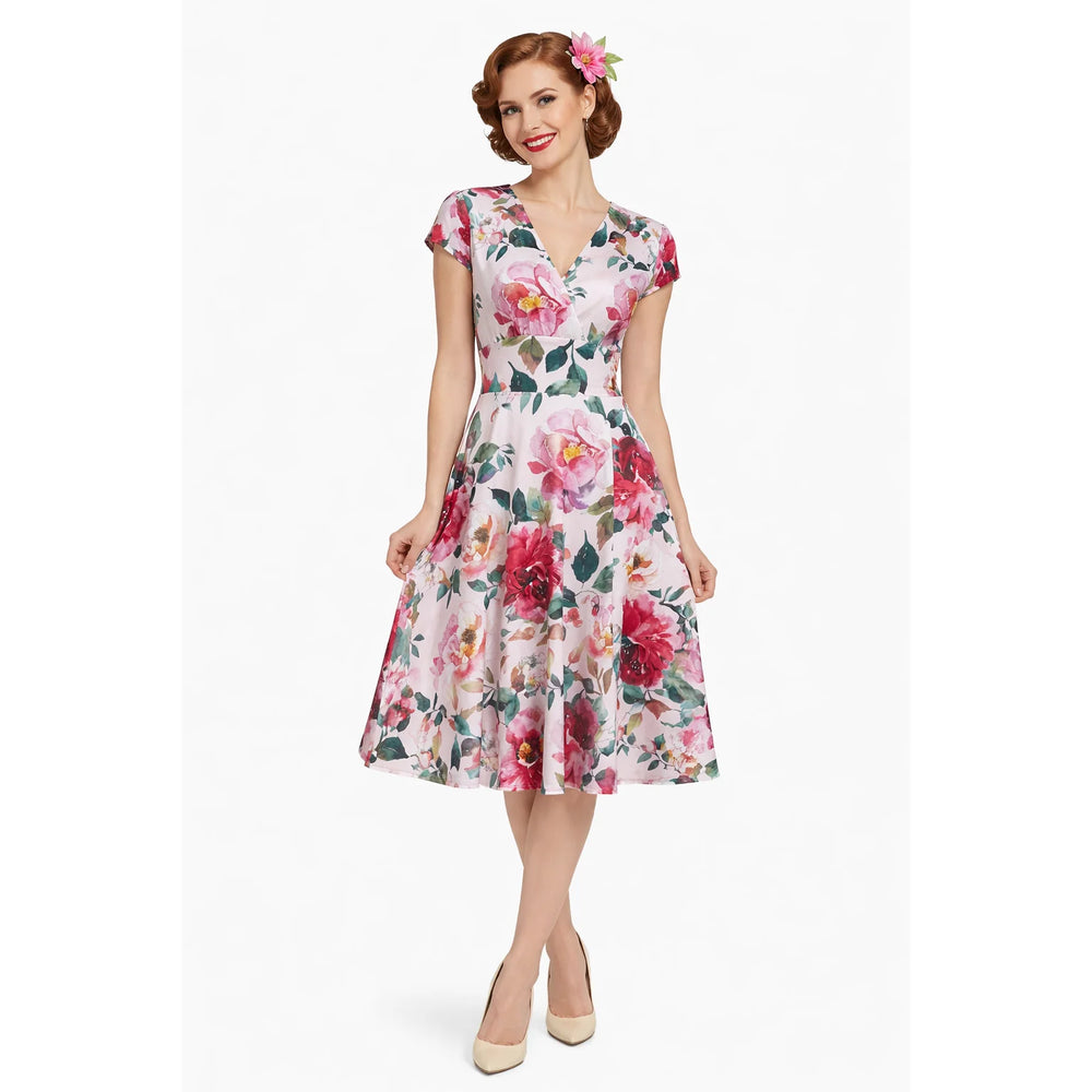 Summer Pink Floral Wrap Top A Line Swing Tea Dress With Cap Sleeves - Pretty Kitty Fashion