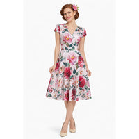 Summer Pink Floral Wrap Top A Line Swing Tea Dress With Cap Sleeves - Pretty Kitty Fashion