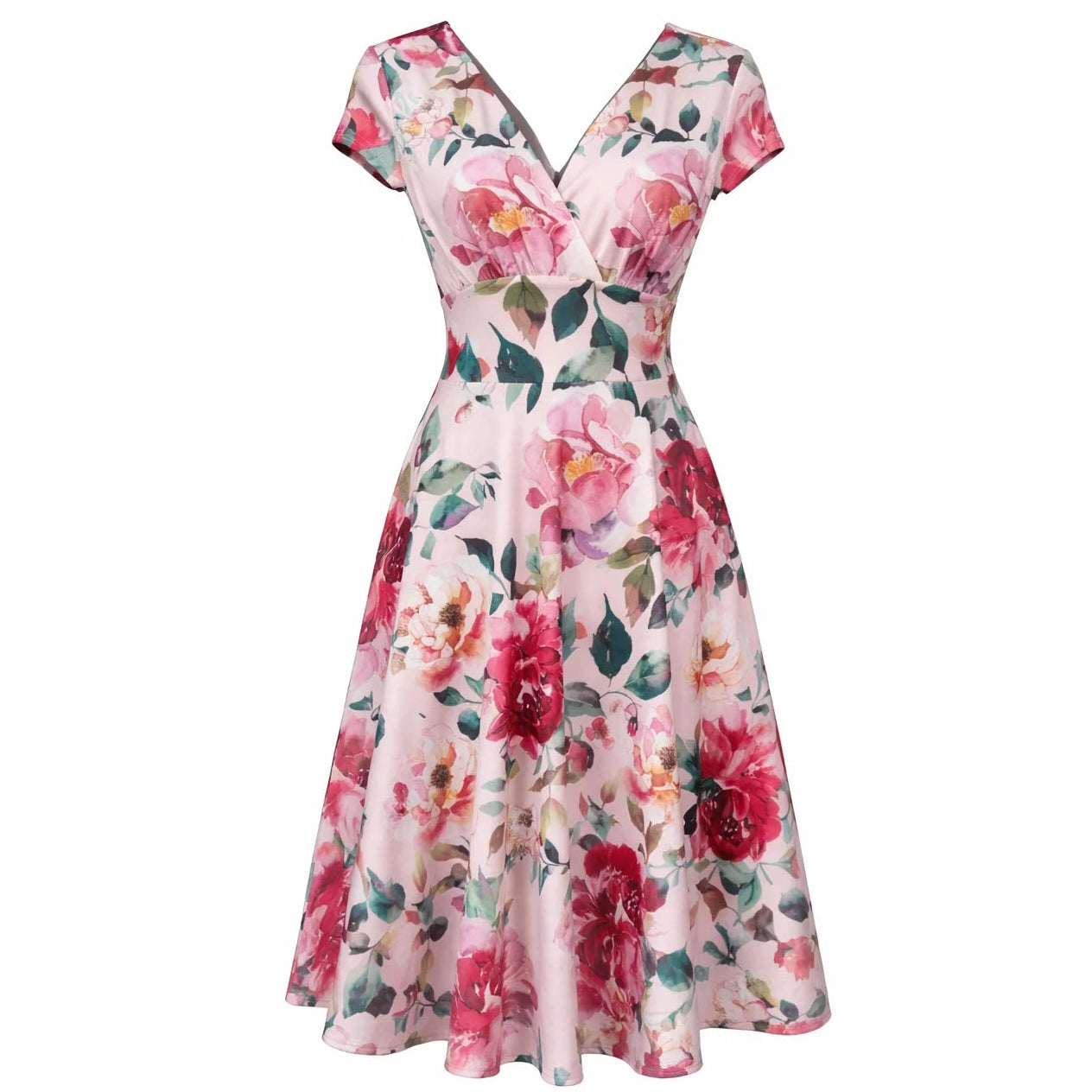 Summer Pink Floral Wrap Top A Line Swing Tea Dress With Cap Sleeves - Pretty Kitty Fashion