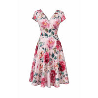 Summer Pink Floral Wrap Top A Line Swing Tea Dress With Cap Sleeves - Pretty Kitty Fashion