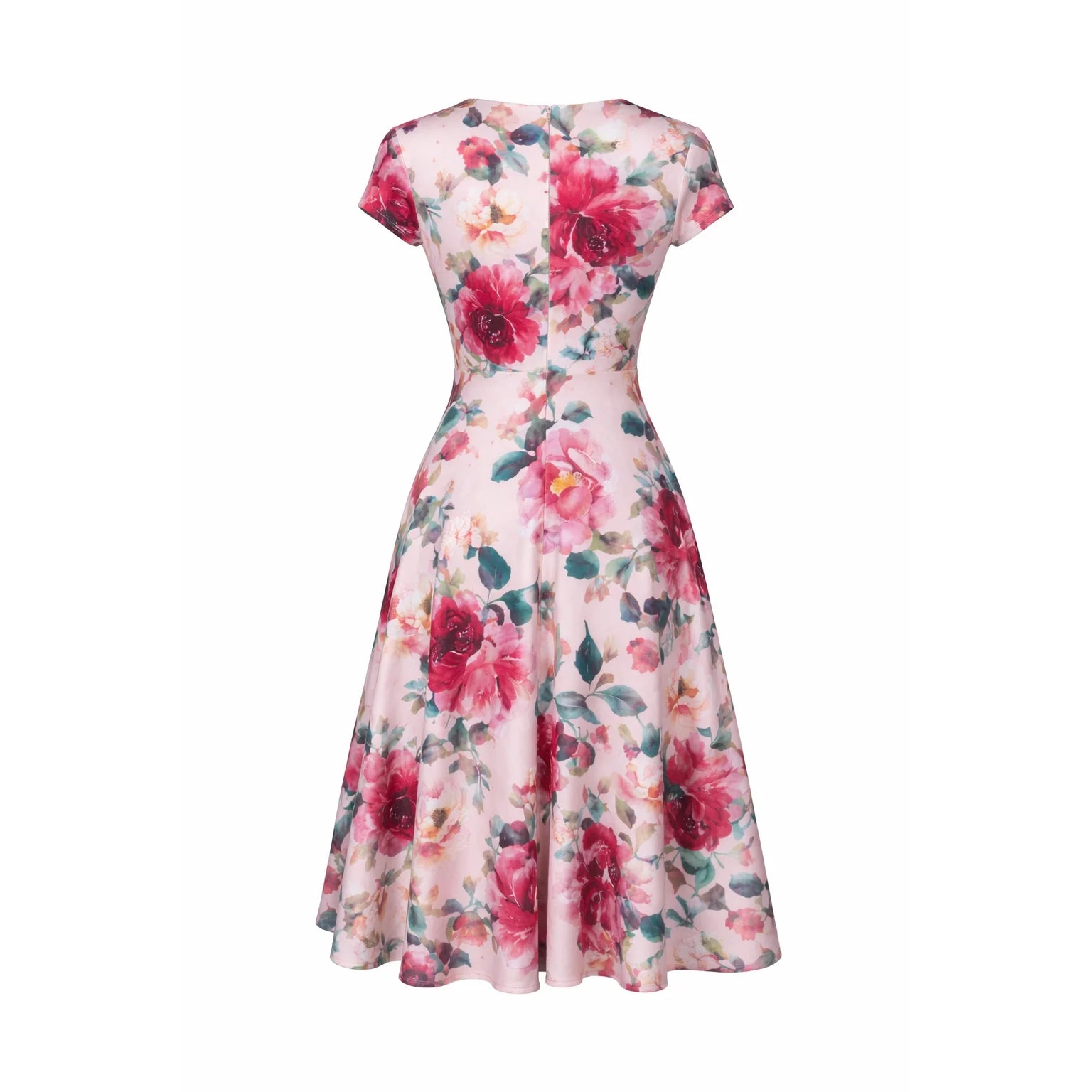 Summer Pink Floral Wrap Top A Line Swing Tea Dress With Cap Sleeves - Pretty Kitty Fashion