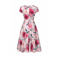 Summer Pink Floral Wrap Top A Line Swing Tea Dress With Cap Sleeves - Pretty Kitty Fashion