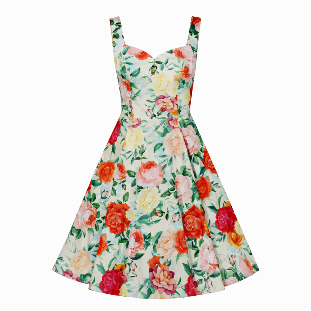 Cream Multicolour Floral Sleeveless 50s Swing Dress with Sweetheart Neckline - Pretty Kitty Fashion