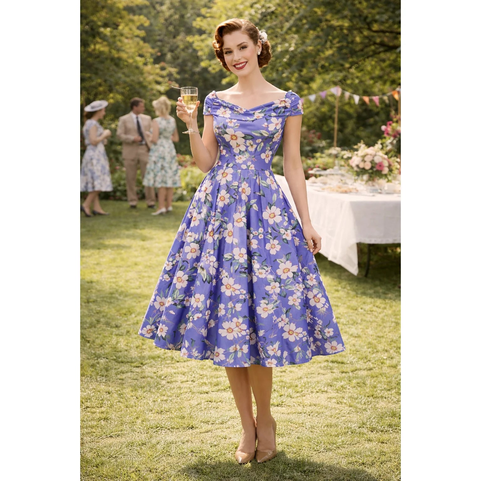 Summer Purple Floral Cap Sleeve Bardot Style 50s Swing Dress Pretty Kitty Fashion Summer Purple Floral Cap Sleeve Bardot Style 50s Swing Dress Pretty Kitty Fashion