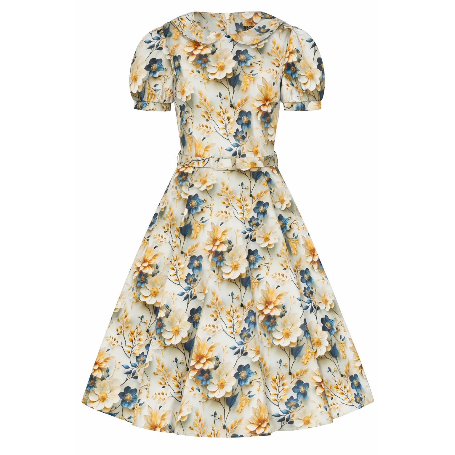 Blue Floral With Gold Cream 50s Swing Dress with Rounded Collar and Puff Sleeves - Pretty Kitty Fashion
