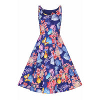 Navy Blue Multi Coloured Floral Sleeveless 50s Swing Dress with Pockets - Pretty Kitty Fashion