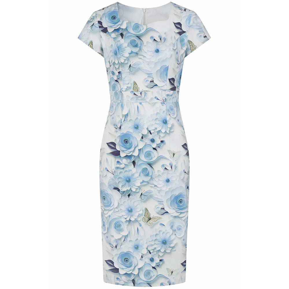 White And Blue Rose Bloom Floral Print Cap Sleeve 1940s Wiggle Dress
