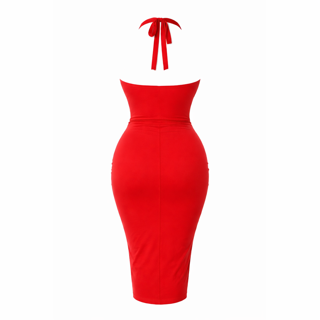 Red 1950s Halter neck Wiggle Pencil Dress