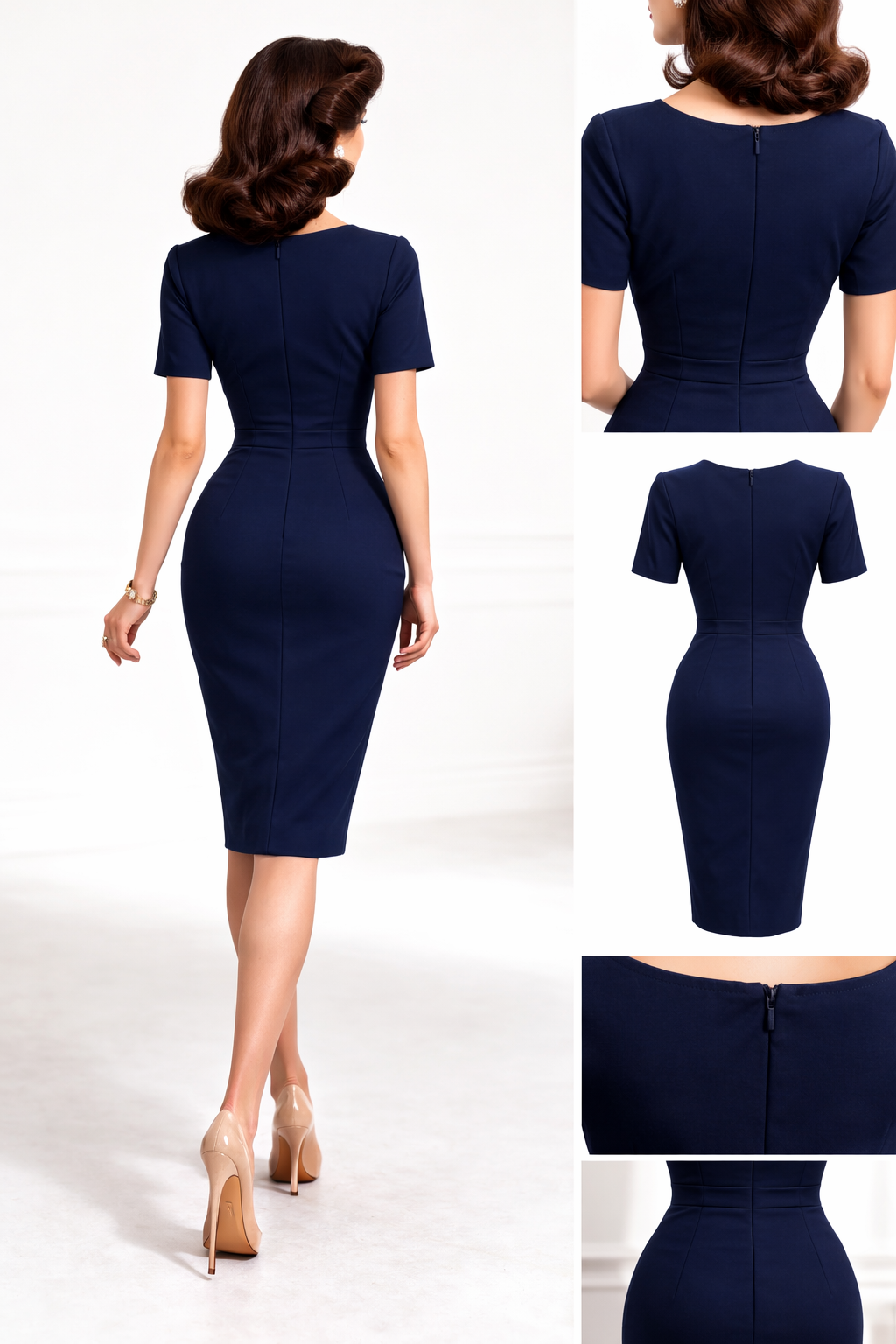 Navy Blue 1/2 Sleeve Round Neck Office Wiggle Dress