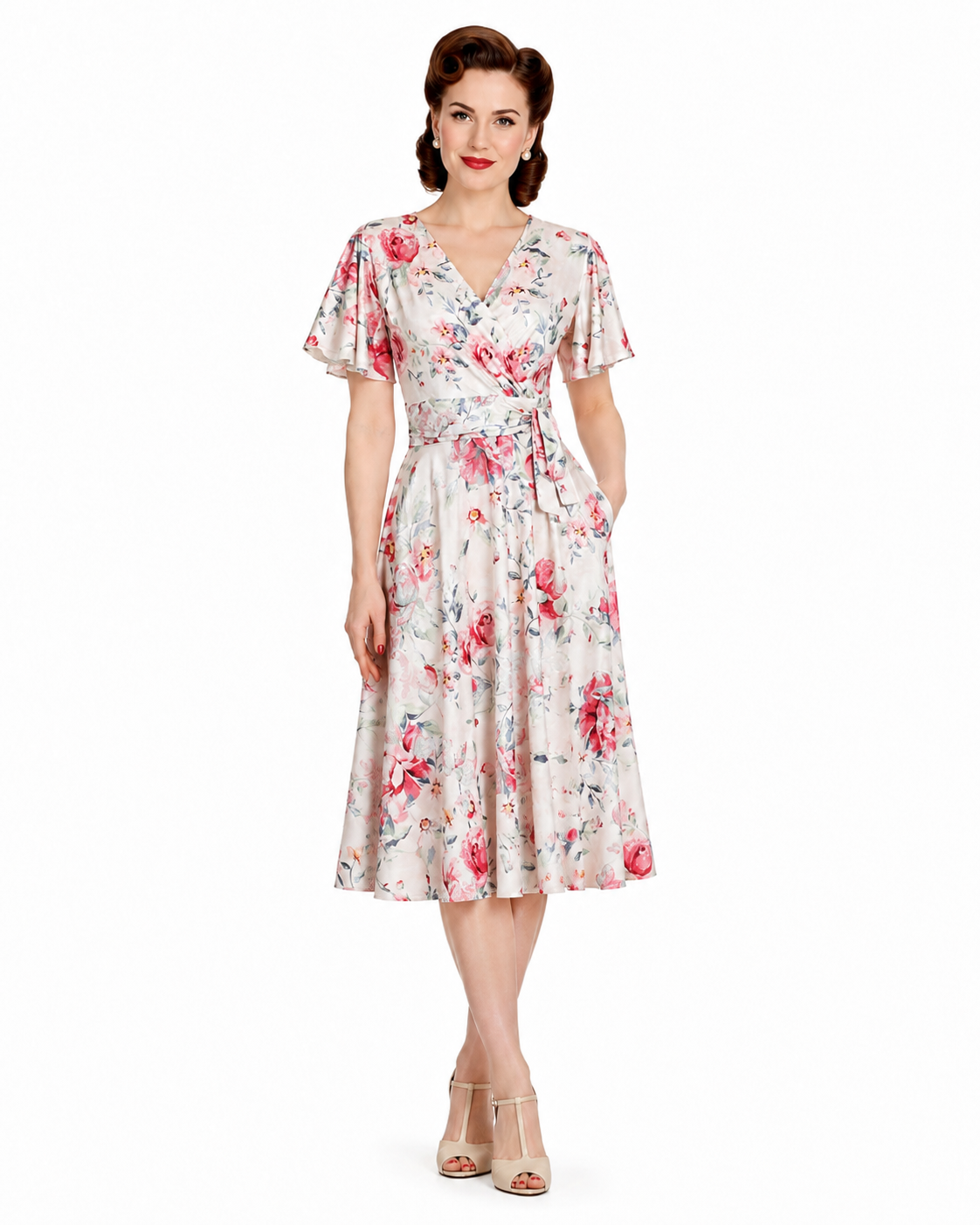 Cream Pink Floral Print Lined Cap Sleeve V Neck Wrap Top Swing Dress