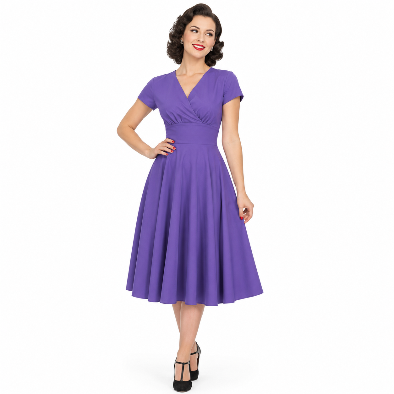 Lilac Purple A Line Crossover Bust Capped Sleeve Tea Swing Dress