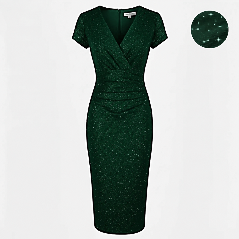 Forest Green Diamante Embossed Sparkle Deep V Cap Sleeve Bodycon Ruched Waist Wiggle Dress