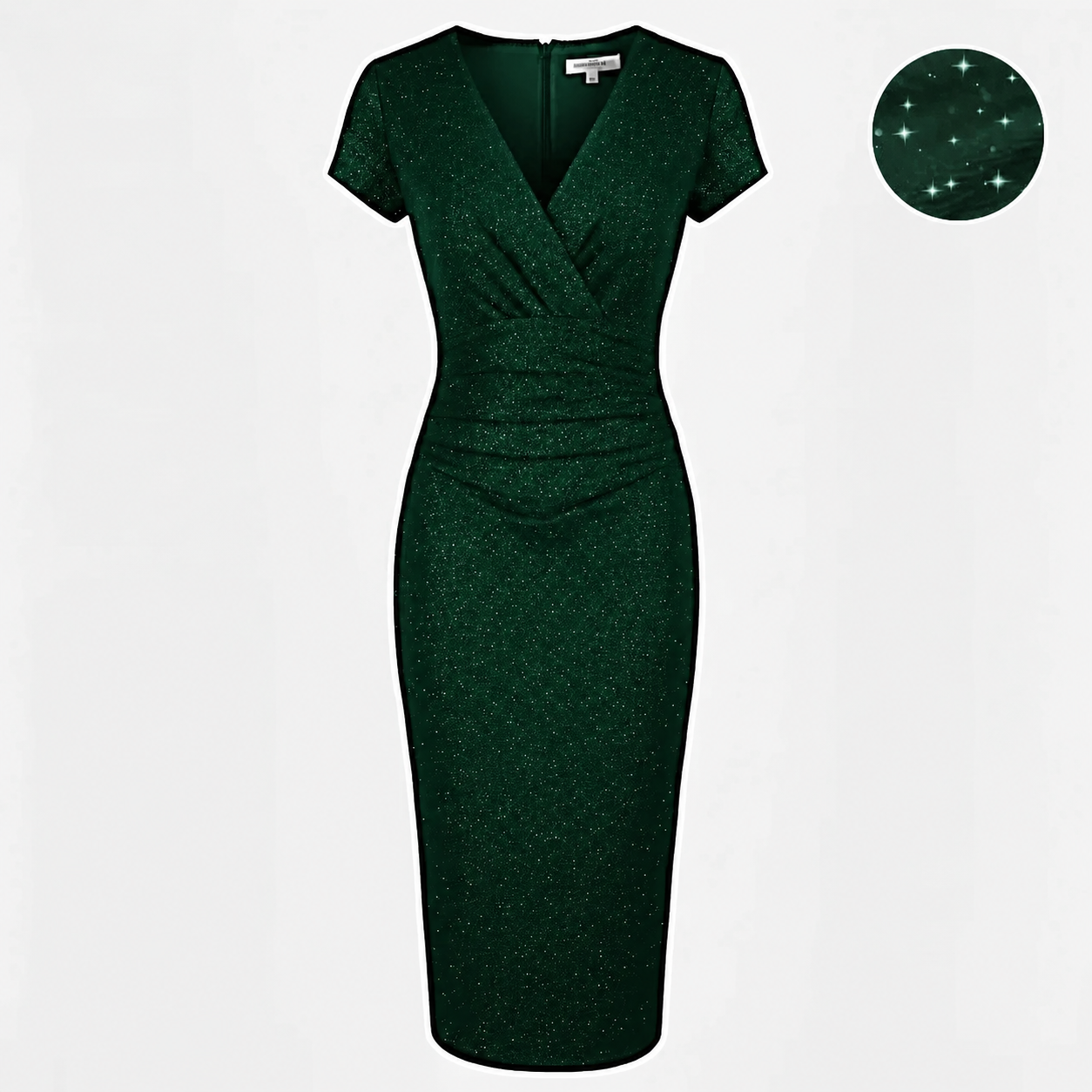 Forest Green Diamante Embossed Sparkle Deep V Cap Sleeve Bodycon Ruched Waist Wiggle Dress