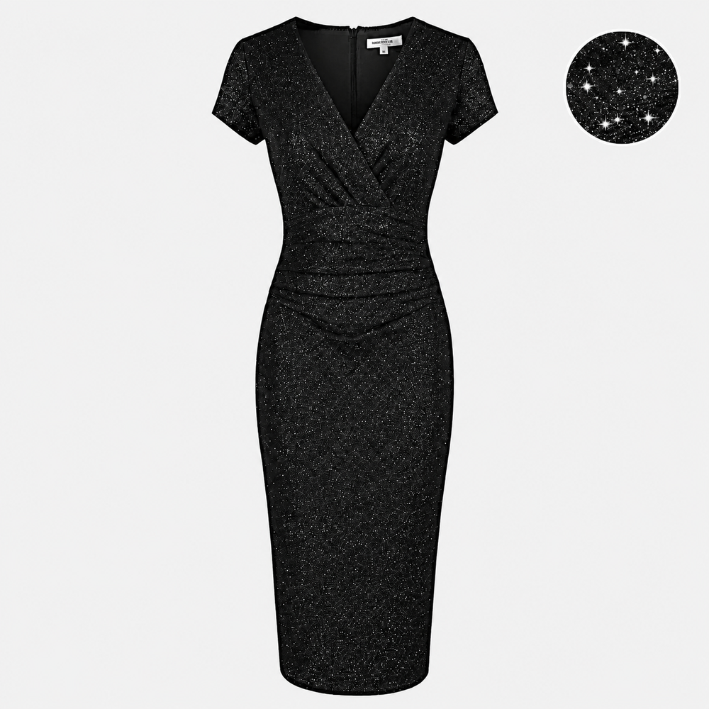 Black Diamante Embossed Sparkle Deep V Cap Sleeve Bodycon Ruched Waist Wiggle Dress