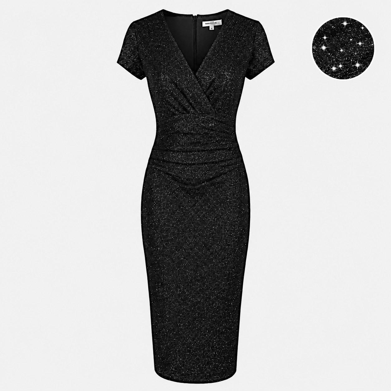 Black Diamante Embossed Sparkle Deep V Cap Sleeve Bodycon Ruched Waist Wiggle Dress