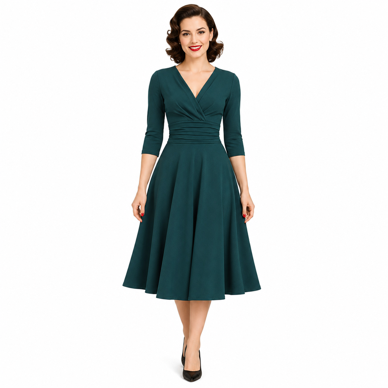 Forest Green Deep V Neck A Line Vintage Ruched Waist 3/4 Sleeve Swing Midi Dress