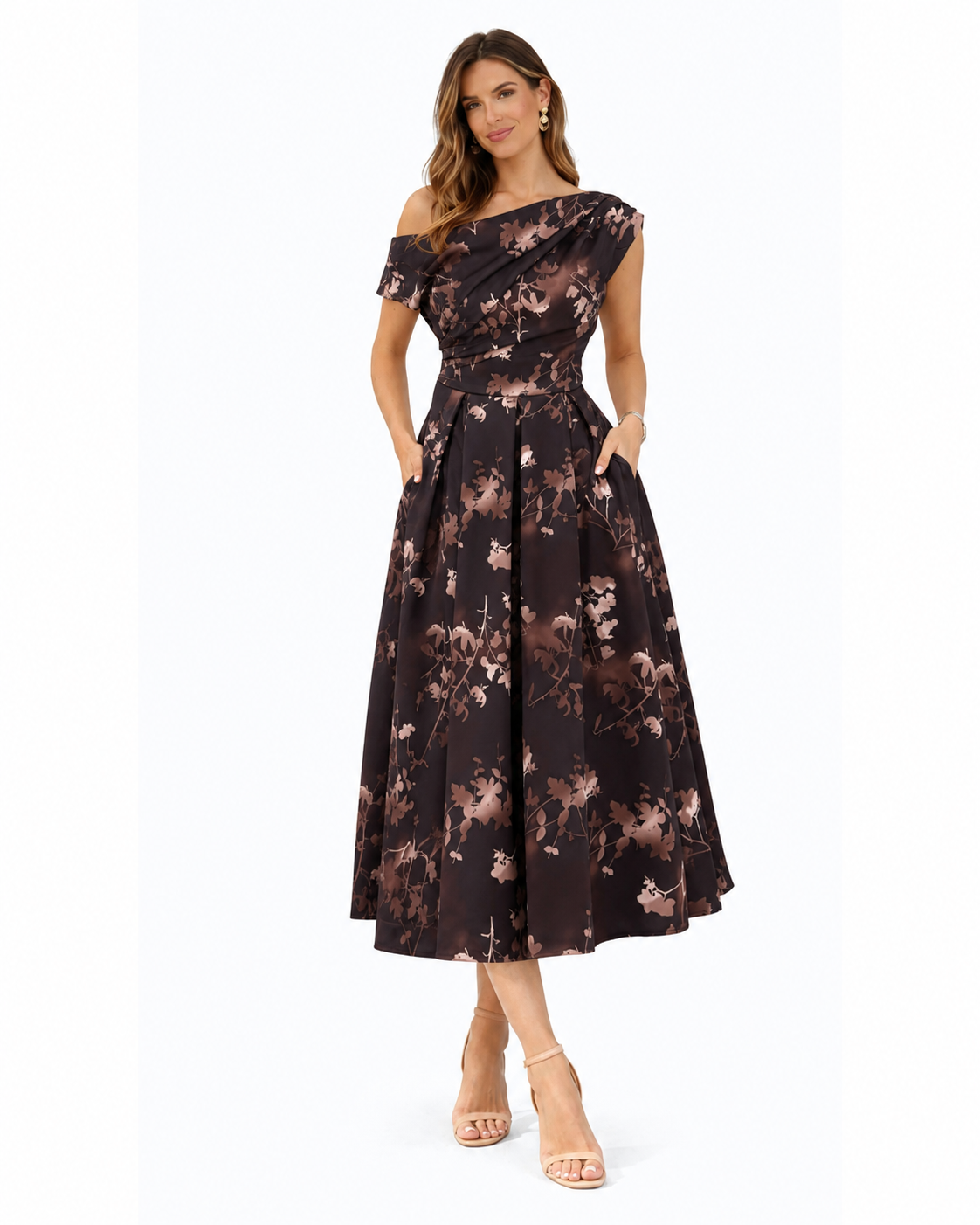 Asymmetric Off Shoulder Autumn Brown Floral Midi Dress With Pockets