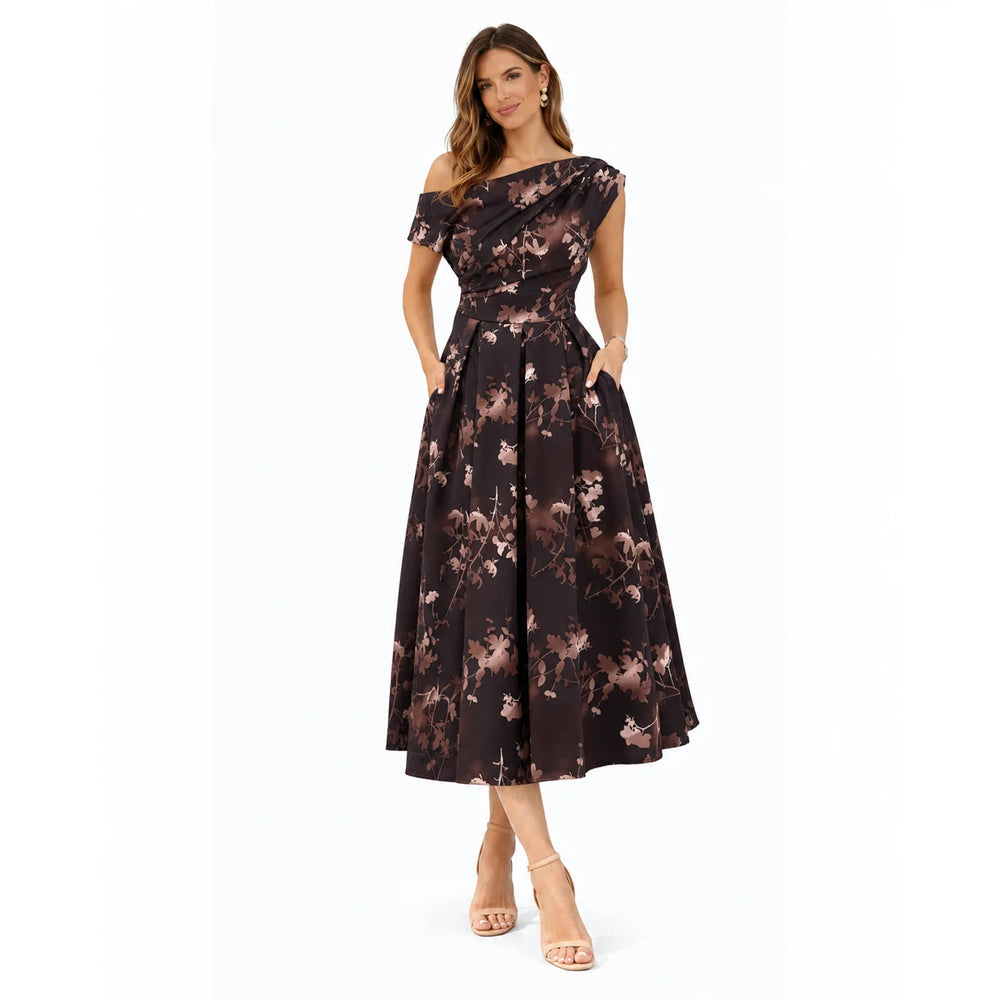 Asymmetric Off Shoulder Autumn Brown Floral Midi Dress With Pockets