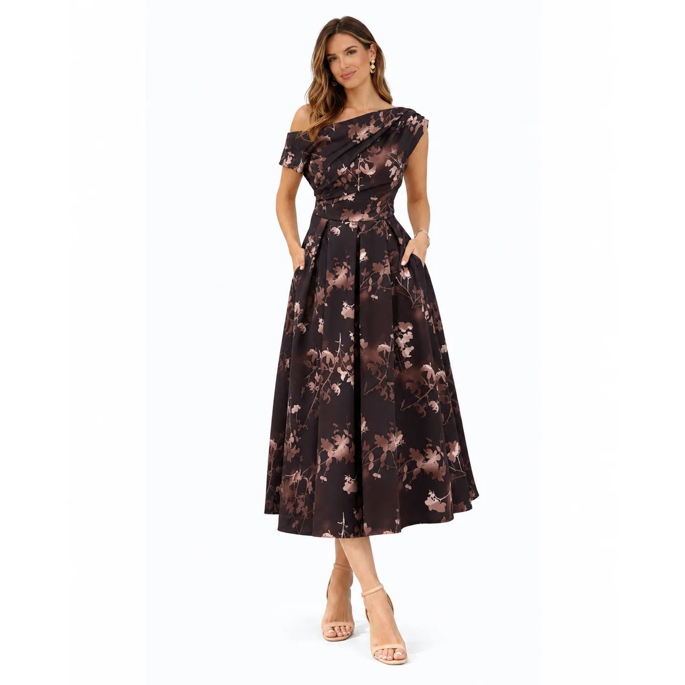 Asymmetric Off Shoulder Autumn Brown Floral Midi Dress With Pockets
