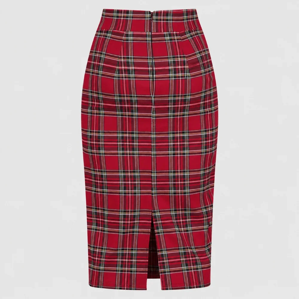 Red Tartan Check High-Waisted Burns Night Pencil Skirt
