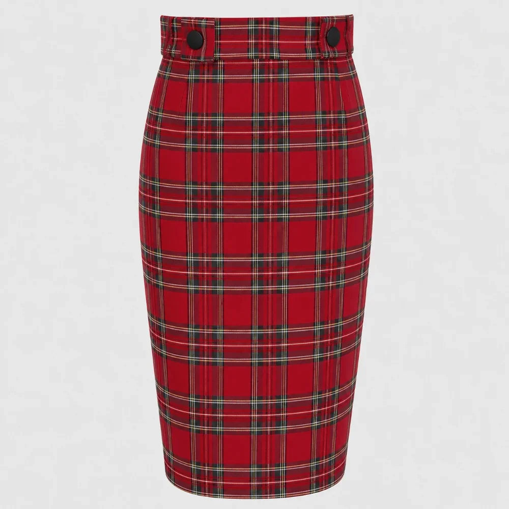 Red Tartan Check High-Waisted Burns Night Pencil Skirt