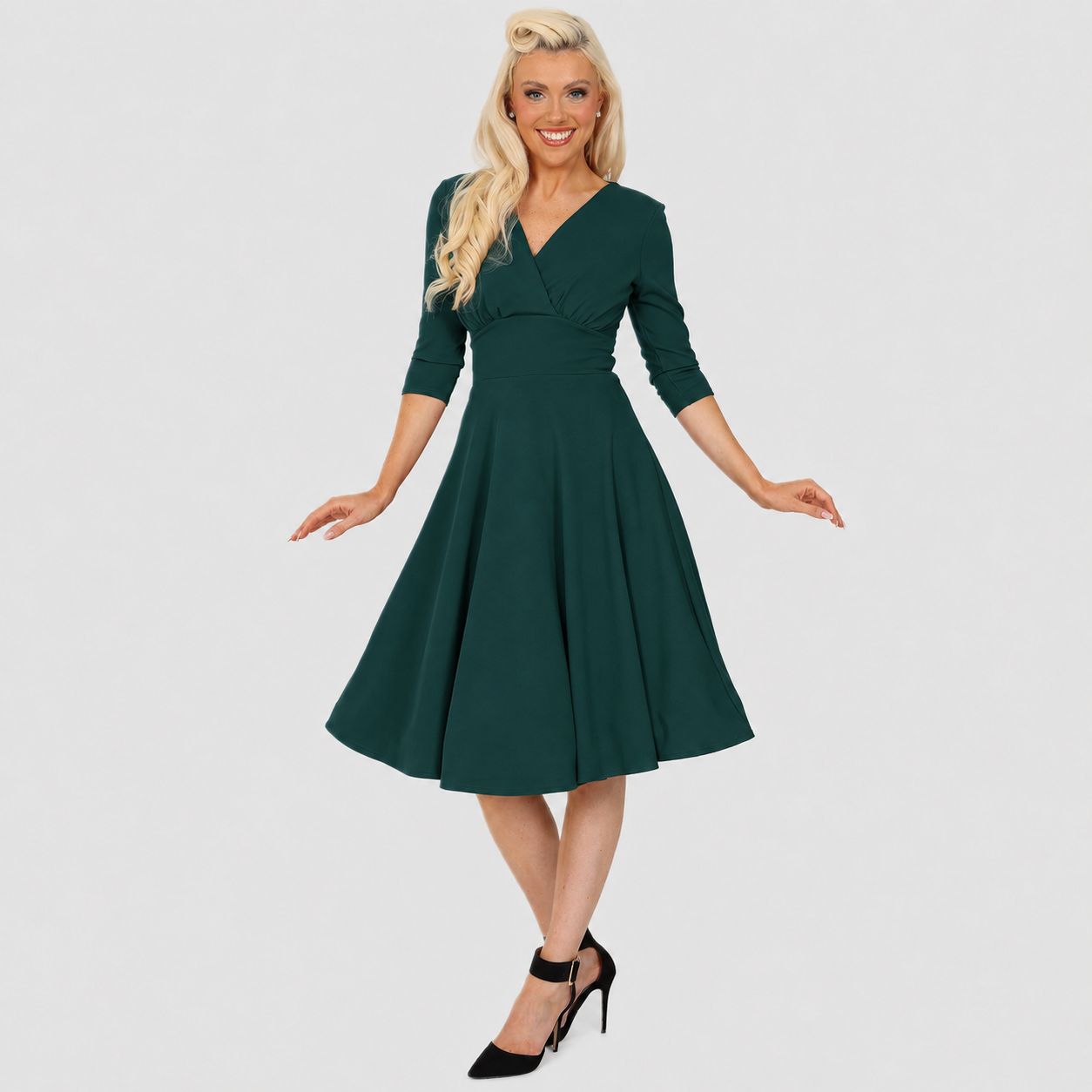 1950s Style Forest Green Vintage A Line Crossover 3/4 Sleeve Tea Swing Dress
