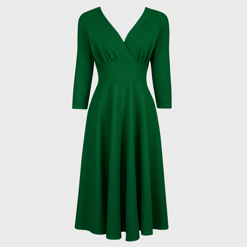 Emerald Green Vintage A Line Crossover 3/4 Sleeve Tea Swing Dress