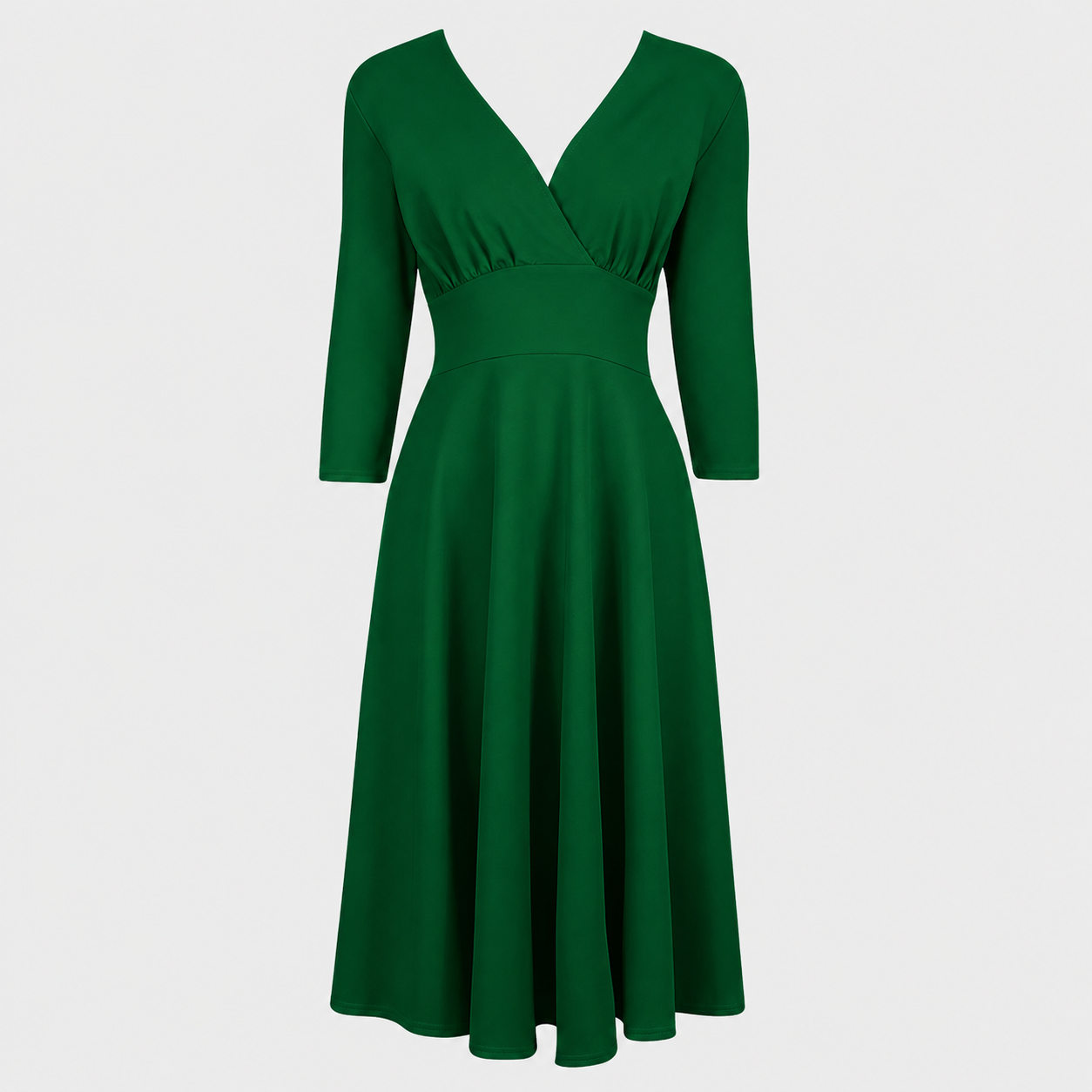 Emerald Green Vintage A Line Crossover 3/4 Sleeve Tea Swing Dress