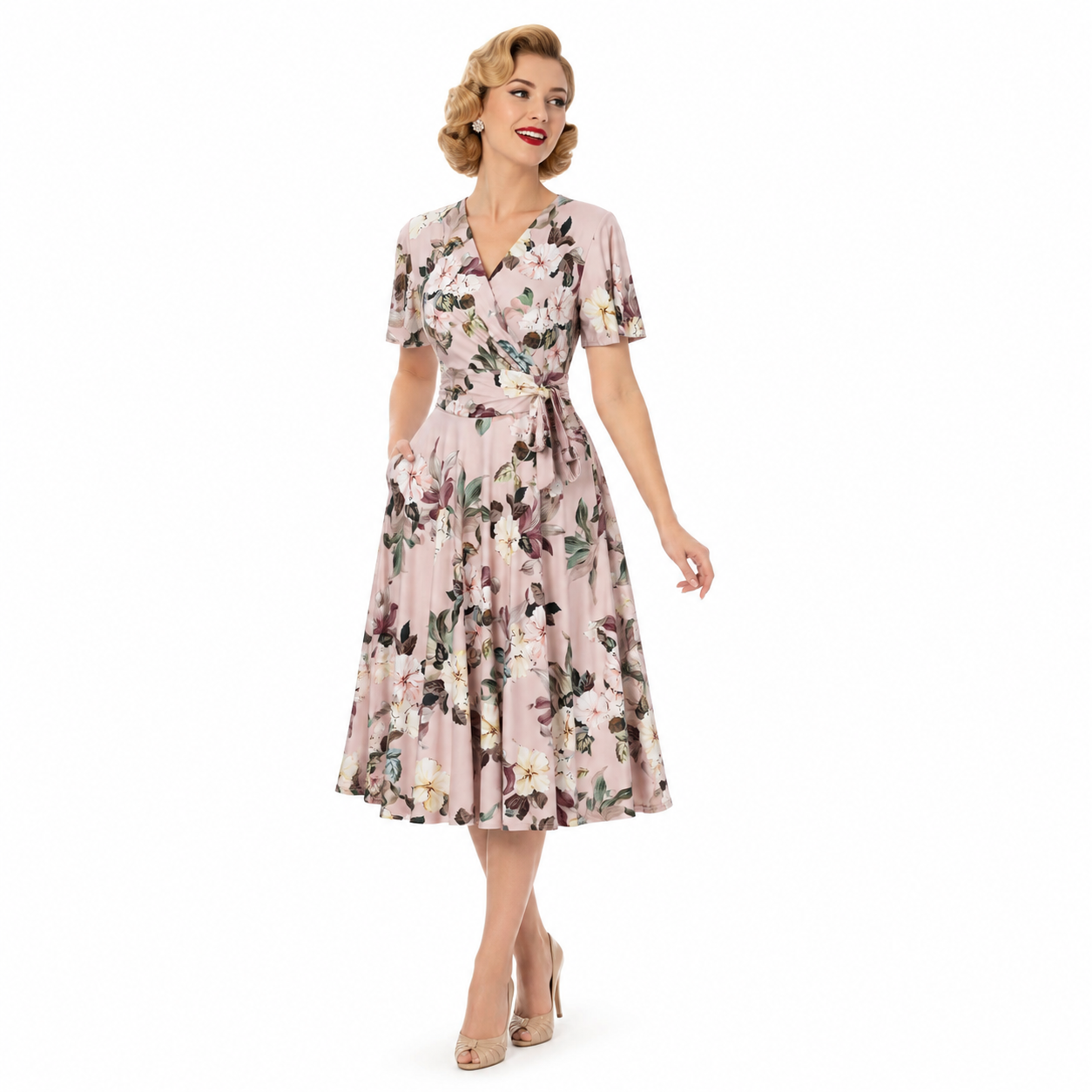 Dusky Pink Floral Print Cap Sleeve V Neck Wrap Top Swing Dress