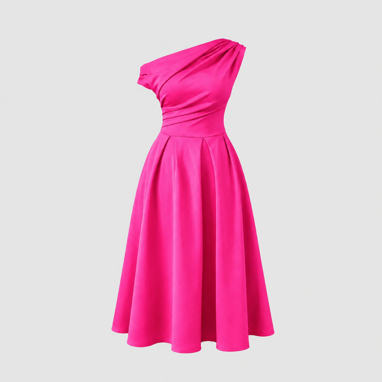 Asymmetric Off Shoulder Hot Pink Midi Dress With Pockets