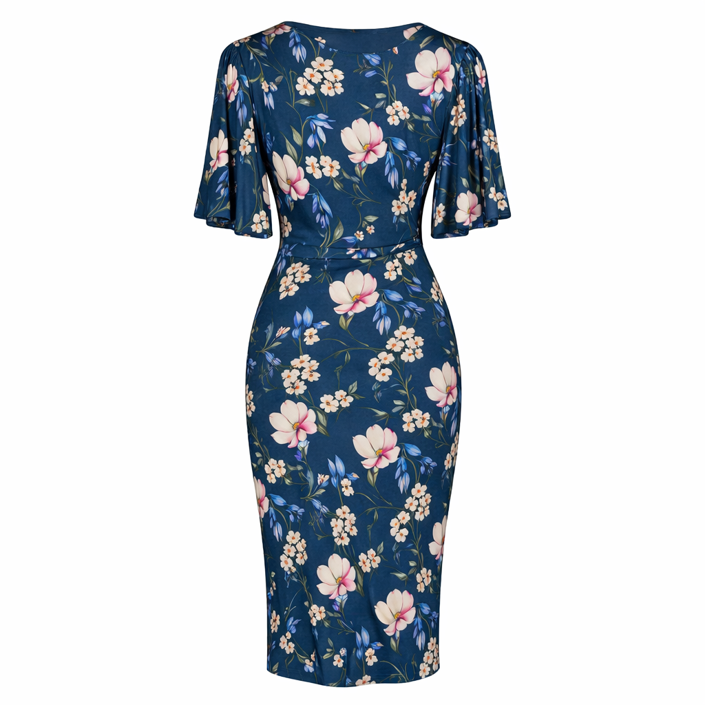 Navy Blue Floral Print Butterfly Sleeve Slinky Pencil Cocktail Dress