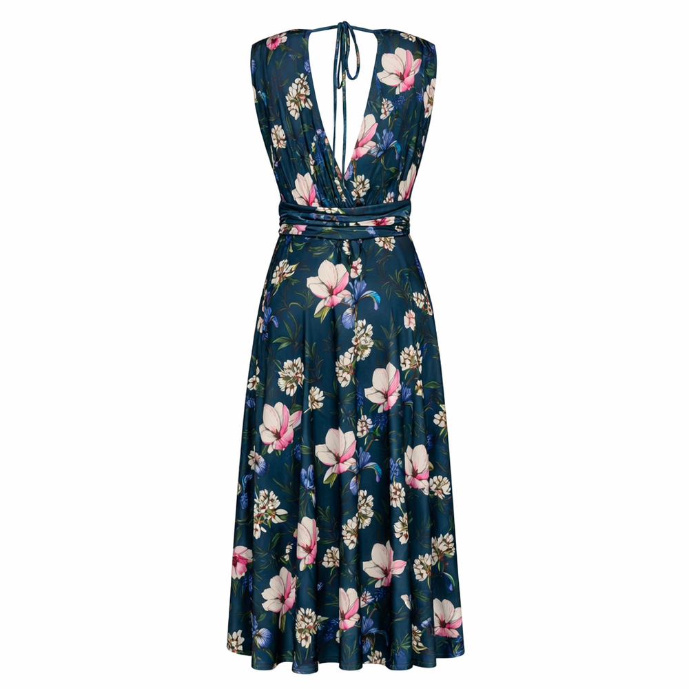 Navy Blue Floral V Neck Crossover Top Empire Waist Swing Dress