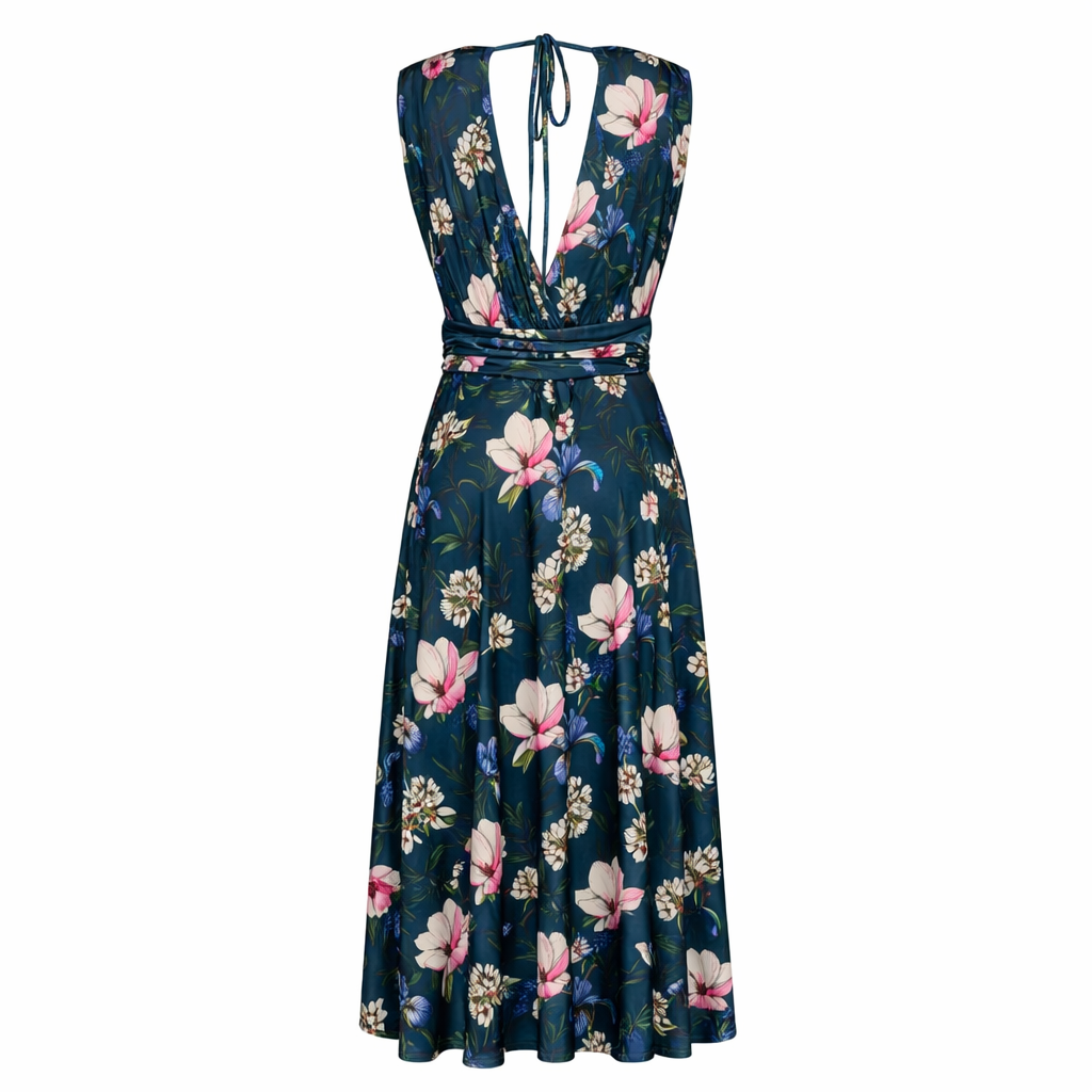 Navy Blue Floral V Neck Crossover Top Empire Waist Swing Dress