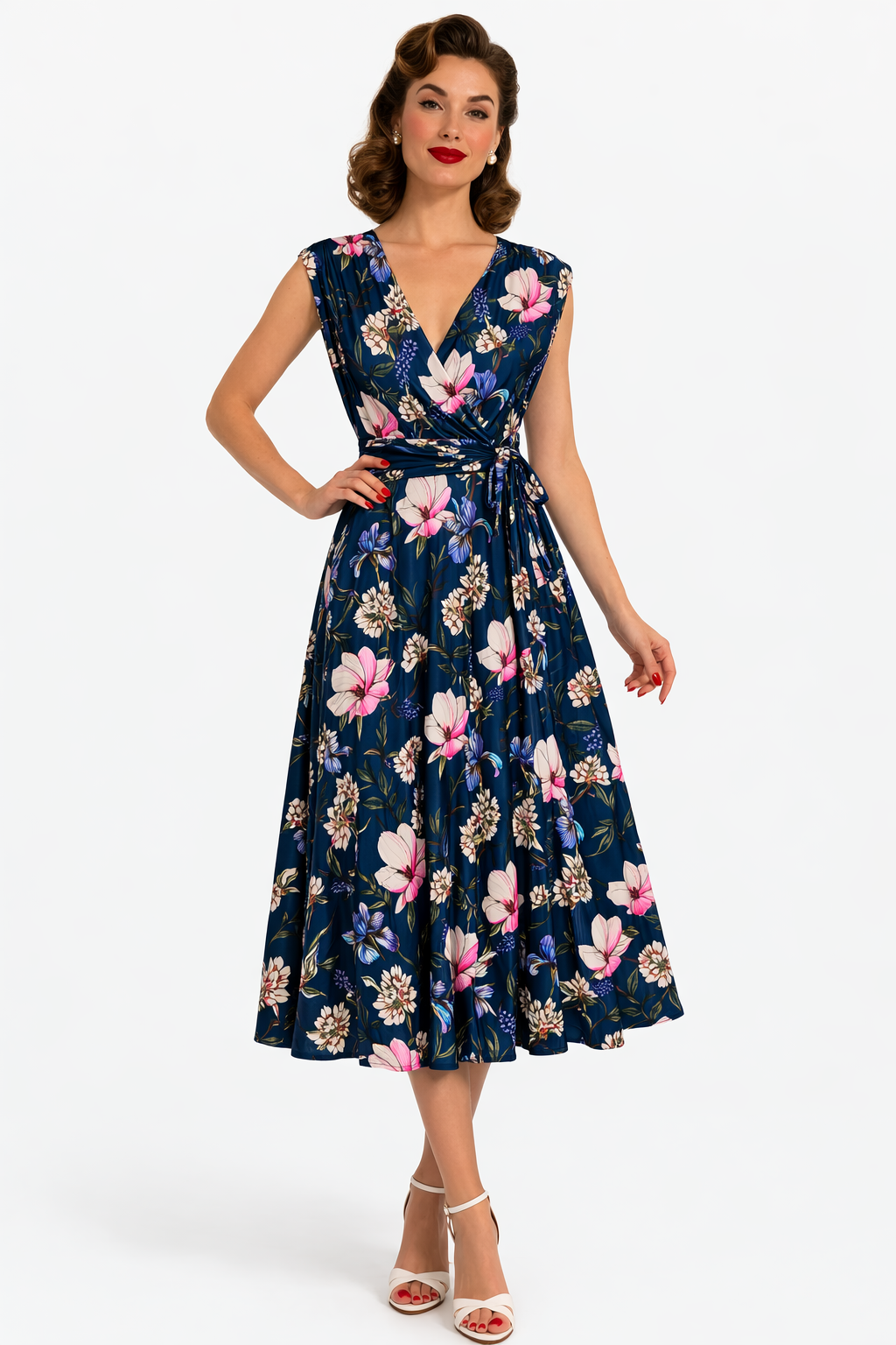 Navy Blue Floral V Neck Crossover Top Empire Waist Swing Dress