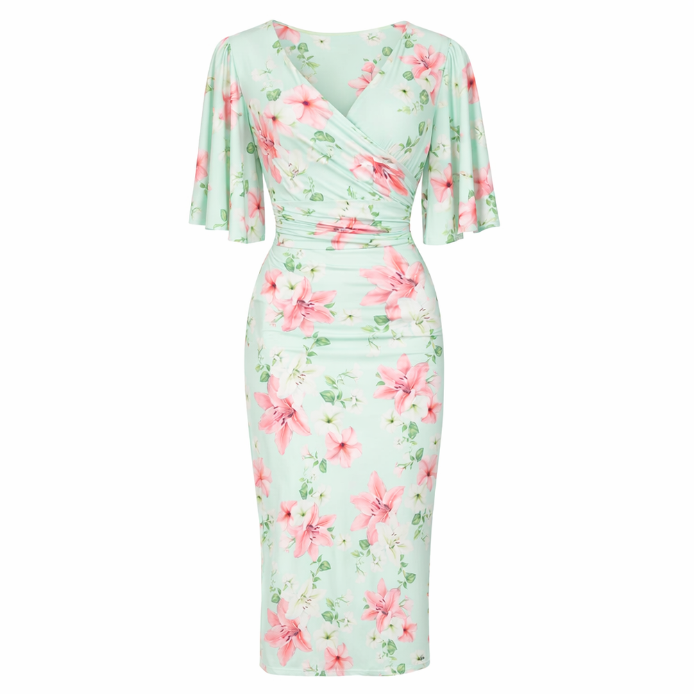 Mint Green Floral Print Butterfly Sleeve Slinky Pencil Cocktail Dress