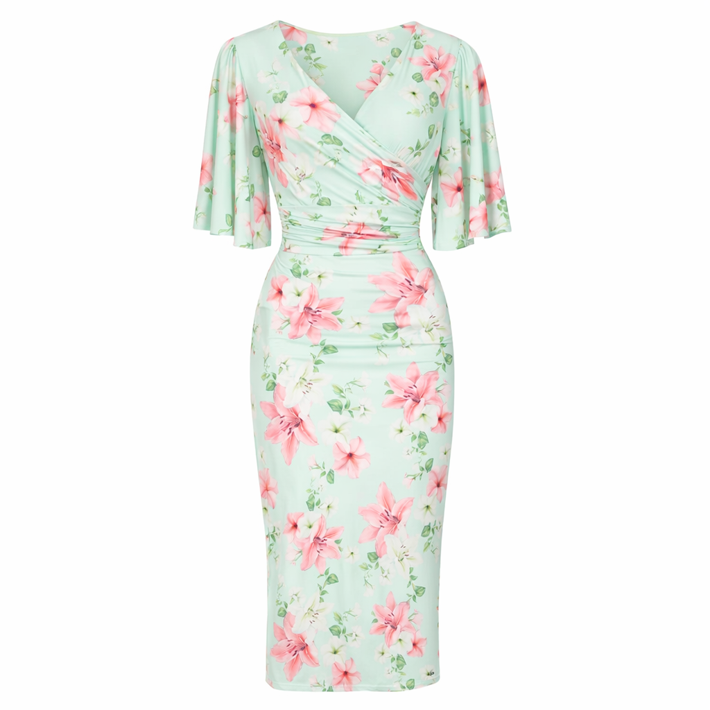 Mint Green Floral Print Butterfly Sleeve Slinky Pencil Cocktail Dress