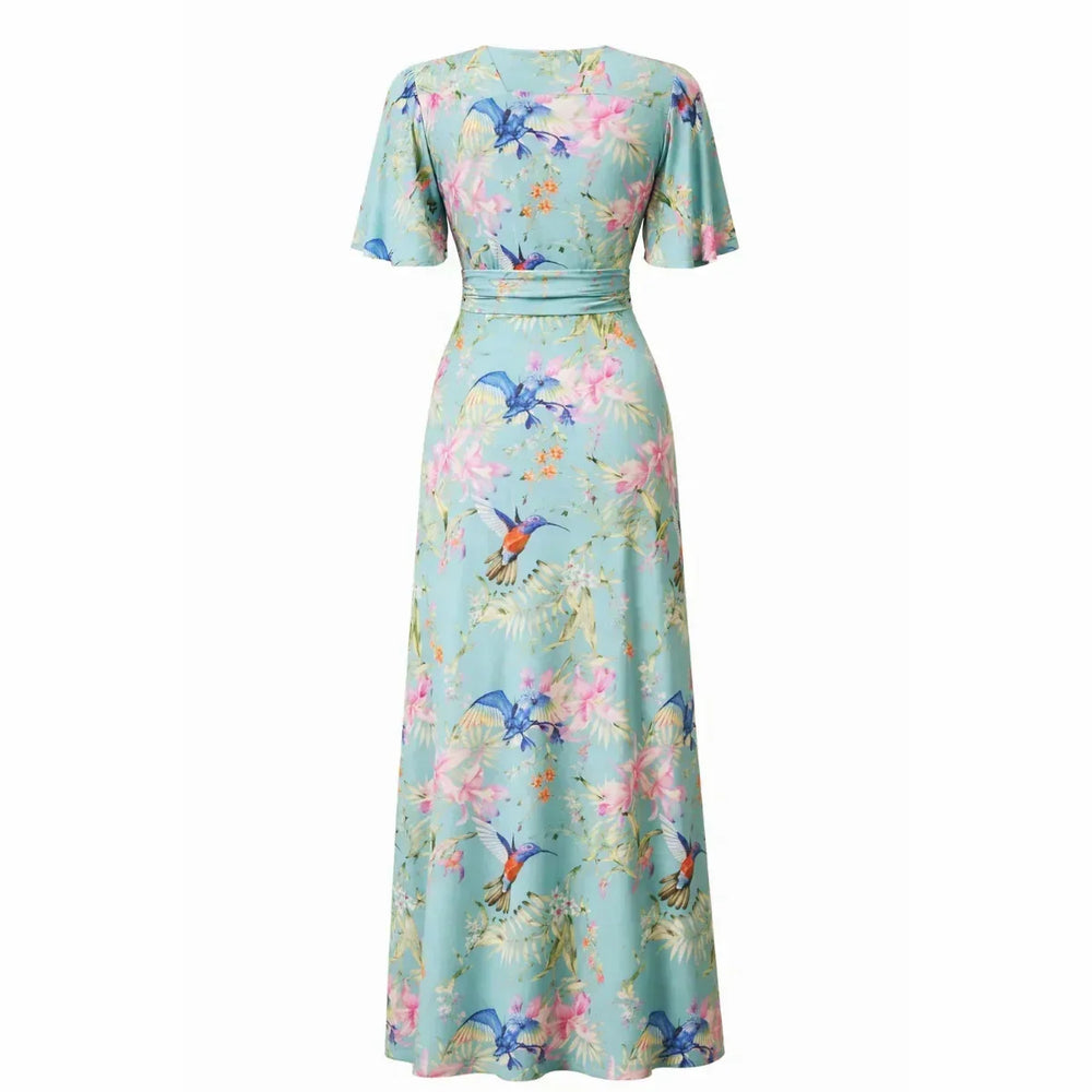 Vintage Aqua Blue Tropical Bird Print UK Wrap Style Maxi Dress